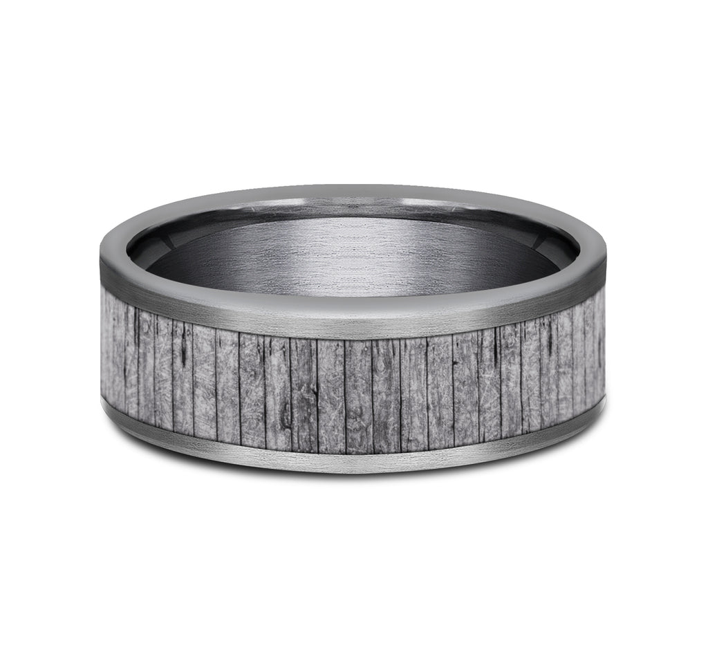 THE ALDER 8mm, Comfort fit, Grey Tantalum, Split wood patterned center, straight edges