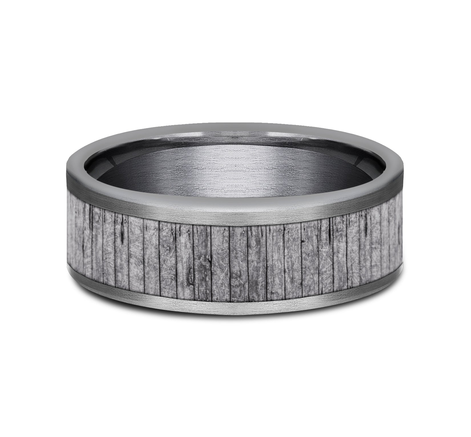 THE ALDER 8mm, Comfort fit, Grey Tantalum, Split wood patterned center, straight edges