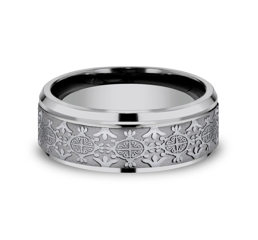 THE SAINT 8mm, Comfort fit, Grey Tantalum, Intricate patterned center, polished bevel edges