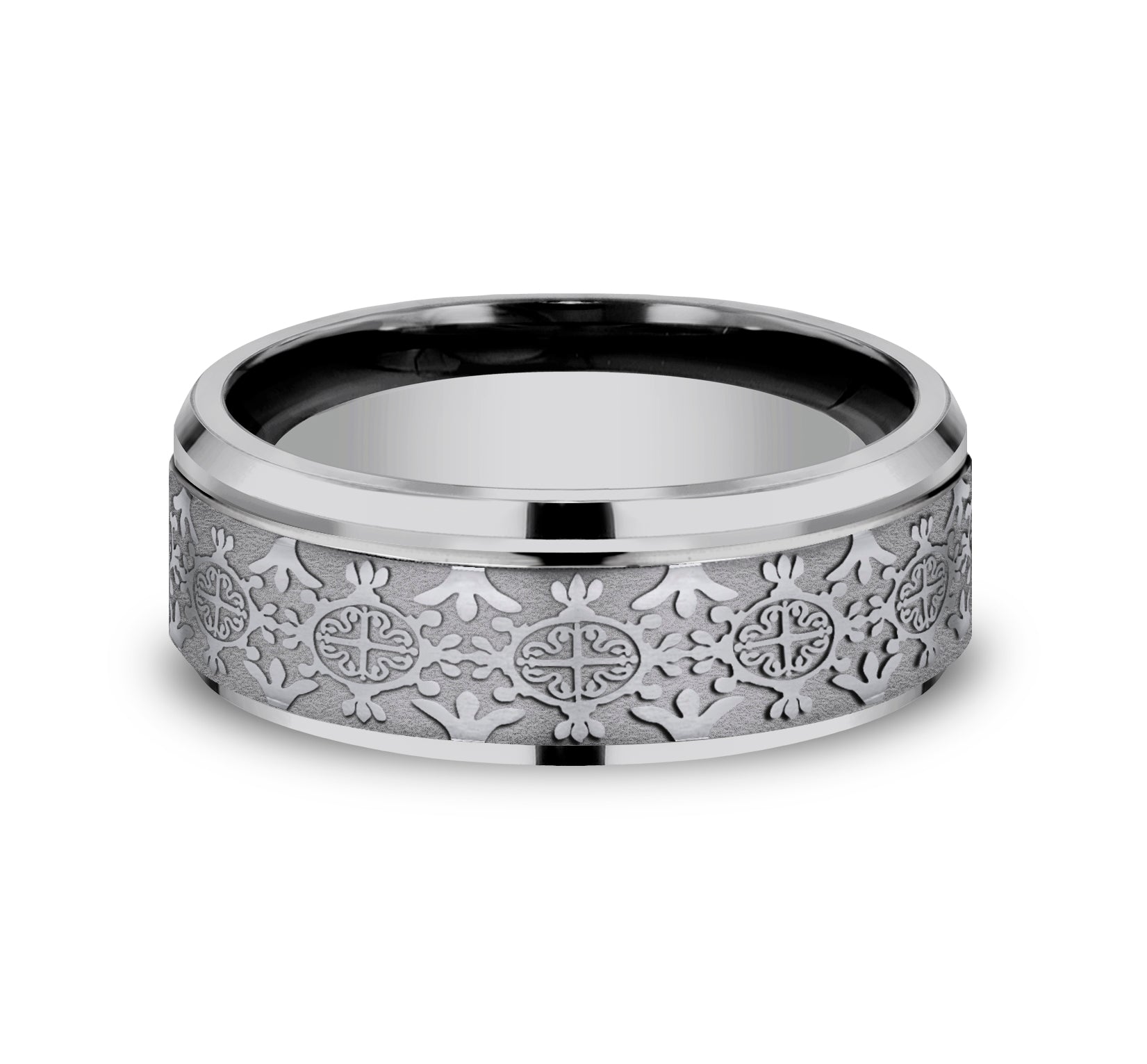 THE SAINT 8mm, Comfort fit, Grey Tantalum, Intricate patterned center, polished bevel edges