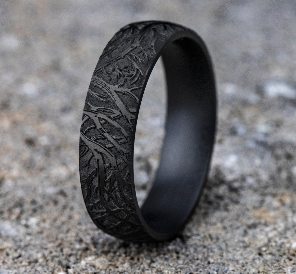 THE ARTEMIS 6mm, Comfort fit, Darkened Tantalum, Forest branch pattern