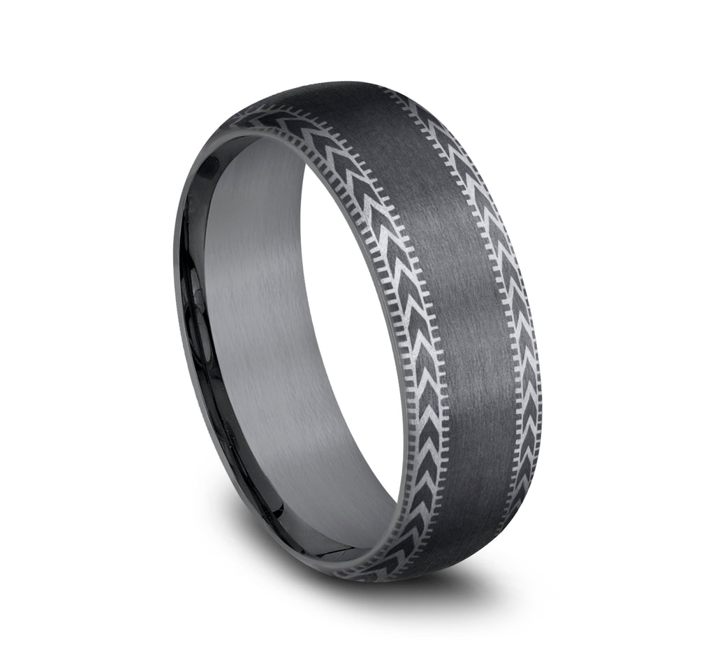 THE ARCHER 8mm, Comfort fit, Darkened Tantalum, Satin center with wheat patterned and milgrain detailed edges