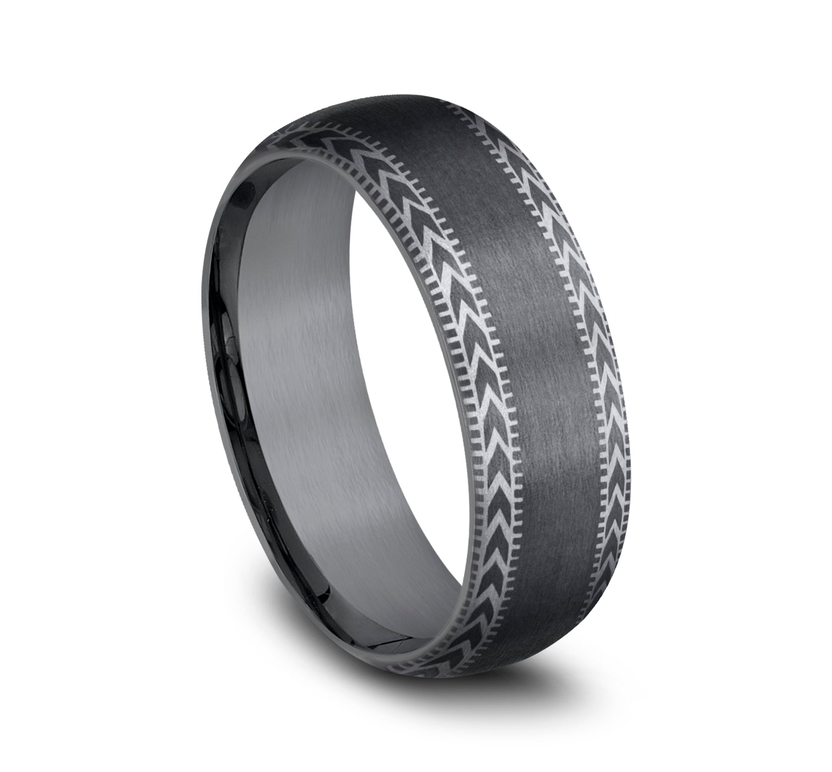 THE ARCHER 8mm, Comfort fit, Darkened Tantalum, Satin center with wheat patterned and milgrain detailed edges