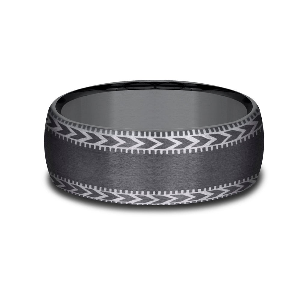 THE ARCHER 8mm, Comfort fit, Darkened Tantalum, Satin center with wheat patterned and milgrain detailed edges