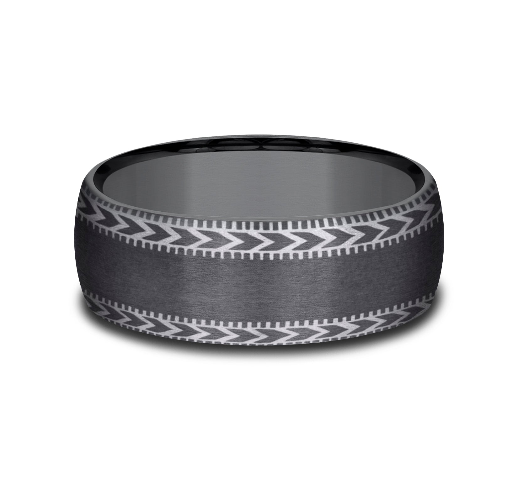 THE ARCHER 8mm, Comfort fit, Darkened Tantalum, Satin center with wheat patterned and milgrain detailed edges