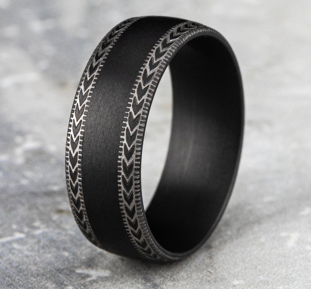 THE ARCHER 8mm, Comfort fit, Darkened Tantalum, Satin center with wheat patterned and milgrain detailed edges