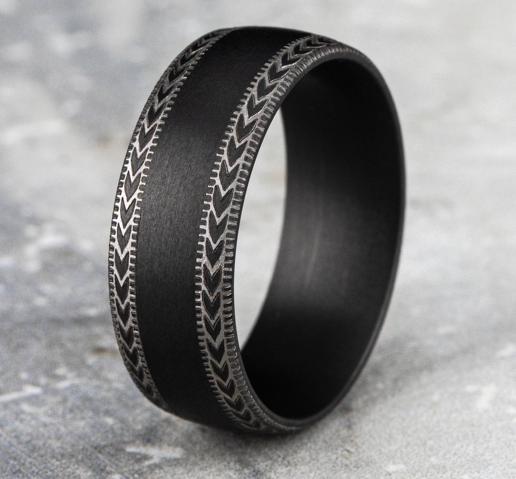 THE ARCHER 8mm, Comfort fit, Darkened Tantalum, Satin center with wheat patterned and milgrain detailed edges