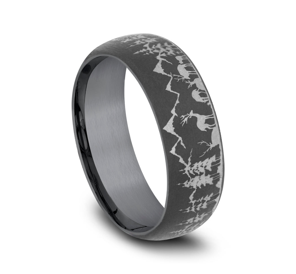 THE STAG 8mm, Comfort fit, Darkened Tantalum, Nature scene with mountains, deer, and trees