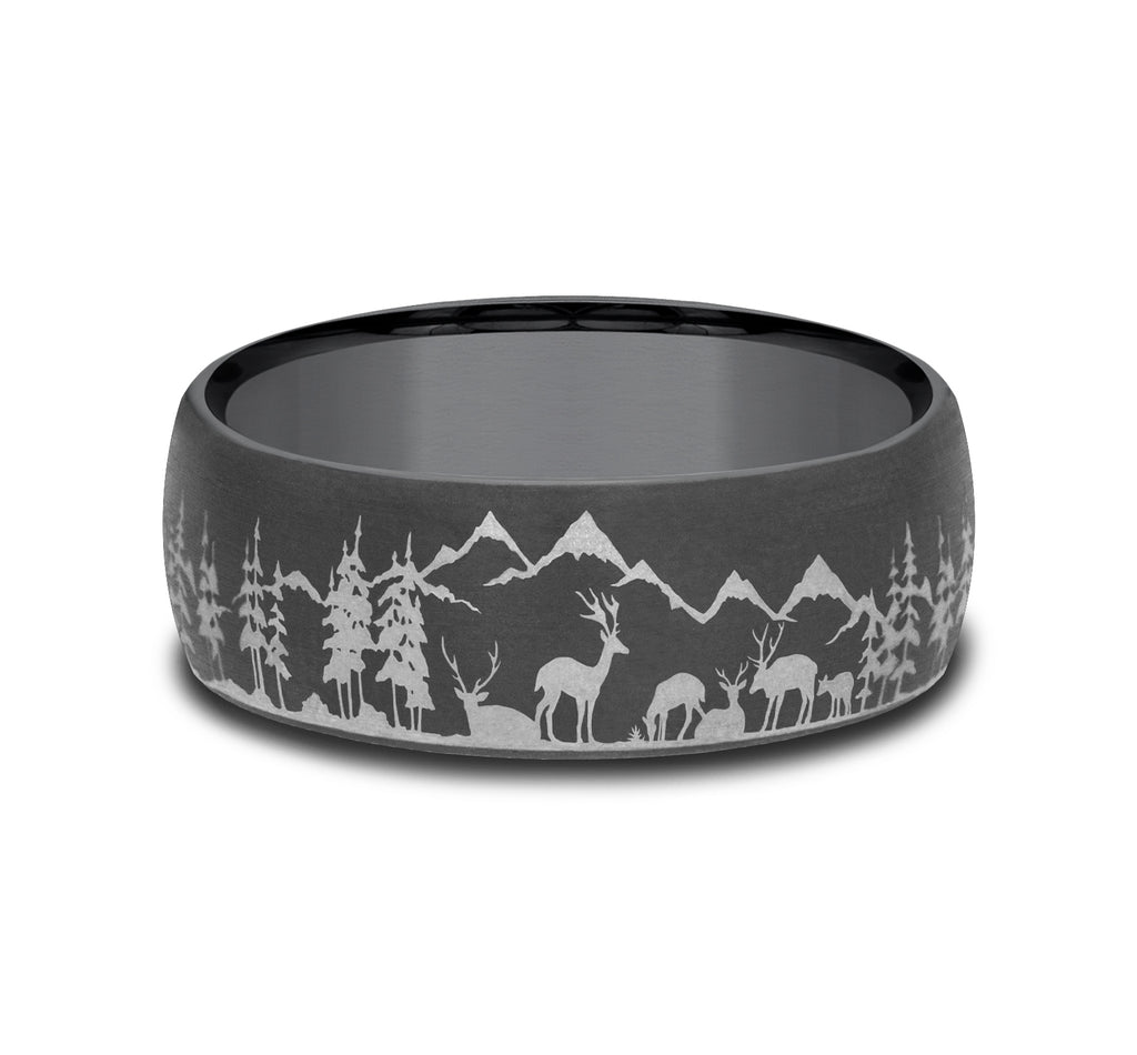 THE STAG 8mm, Comfort fit, Darkened Tantalum, Nature scene with mountains, deer, and trees