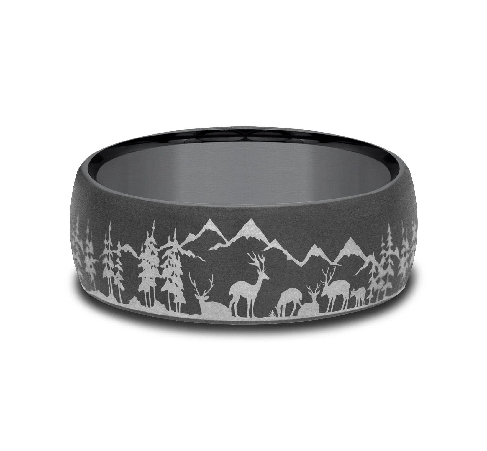 THE STAG 8mm, Comfort fit, Darkened Tantalum, Nature scene with mountains, deer, and trees