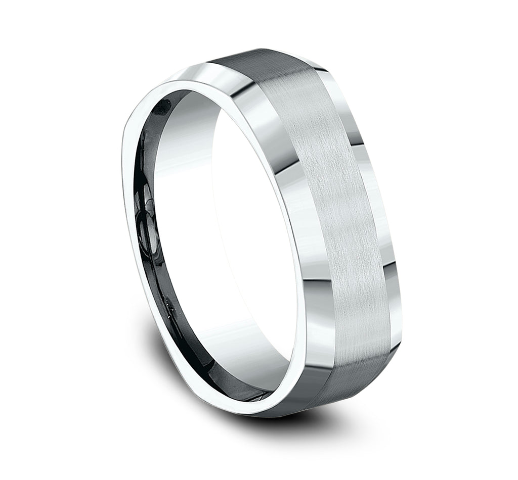 THE SCHOLAR 7mm, Comfort fit, 14K White Gold, Four sided band with satin finished  center, polished bevel edges
