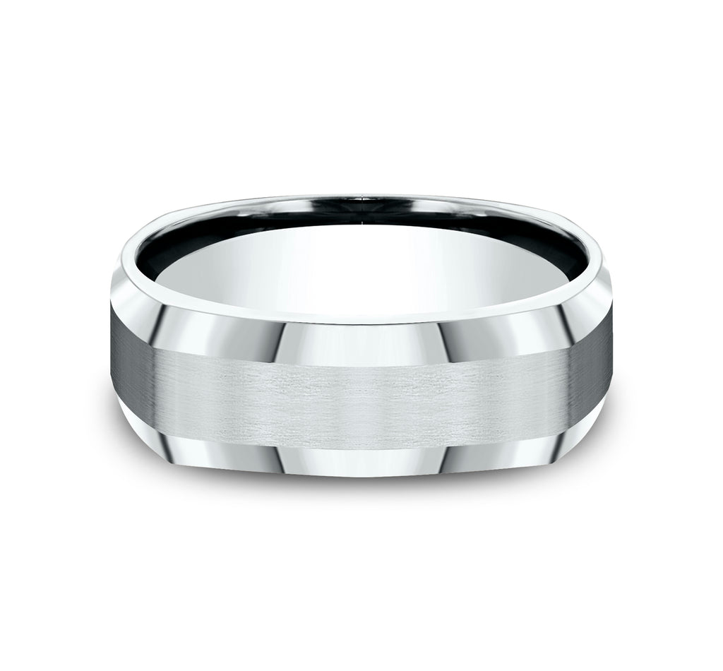 THE SCHOLAR 7mm, Comfort fit, 14K White Gold, Four sided band with satin finished  center, polished bevel edges