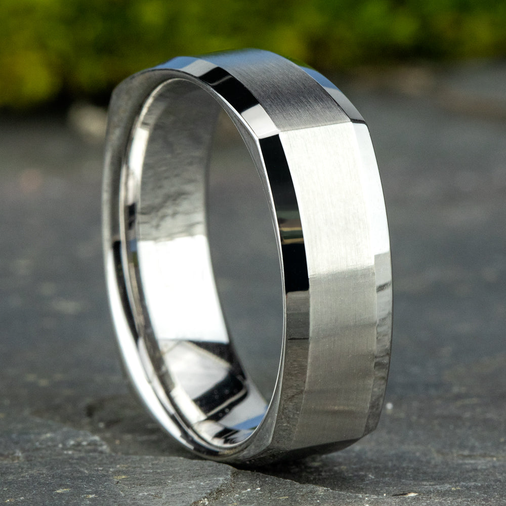 THE SCHOLAR 7mm, Comfort fit, 14K White Gold, Four sided band with satin finished  center, polished bevel edges