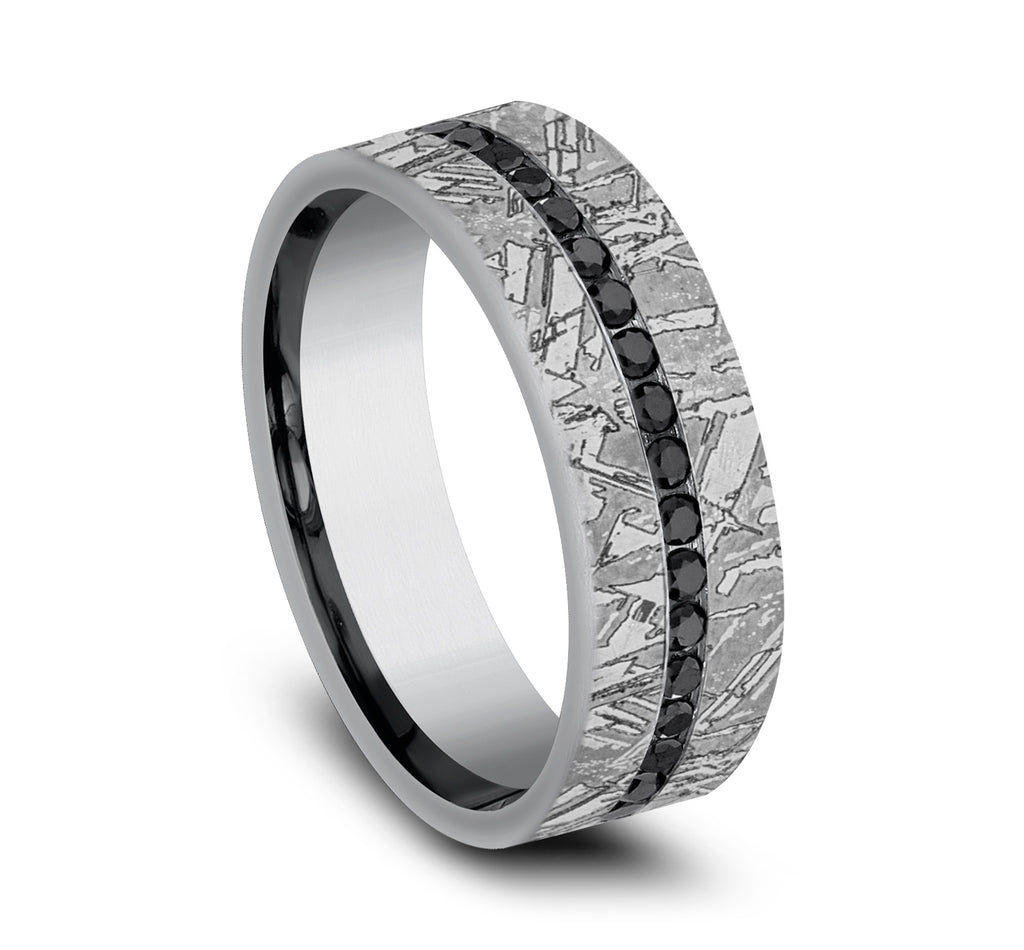 The Odessa 7mm, Comfort fit, Grey Tantalum, Meteorite pattern, 20 channel set black diamonds, Carat weight is .40ct