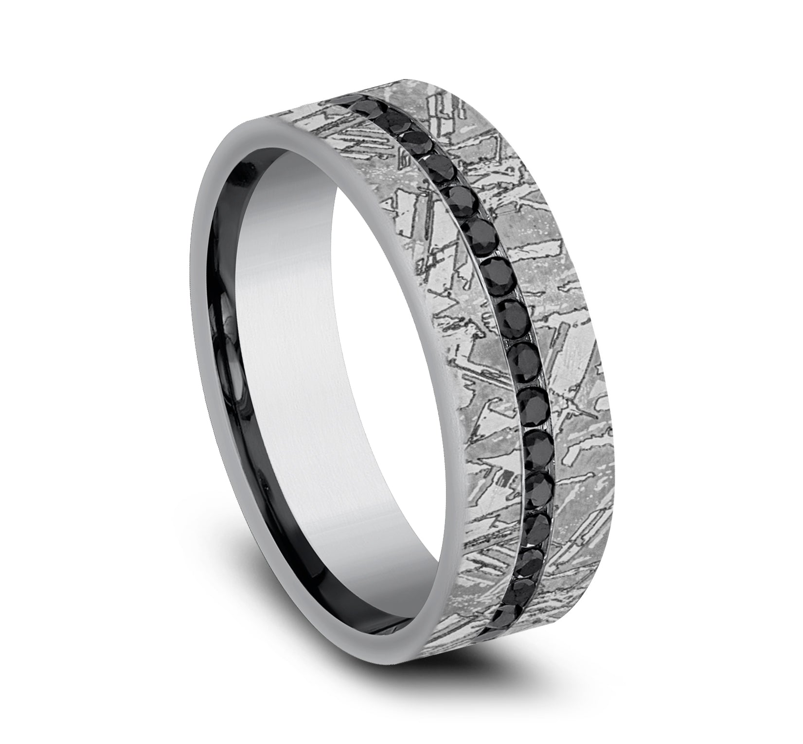 The Odessa 7mm, Comfort fit, Grey Tantalum, Meteorite pattern, 20 channel set black diamonds, Carat weight is .40ct