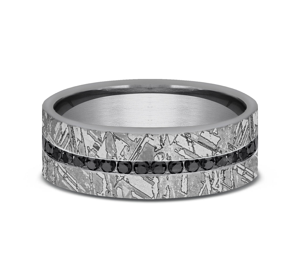 The Odessa 7mm, Comfort fit, Grey Tantalum, Meteorite pattern, 20 channel set black diamonds, Carat weight is .40ct