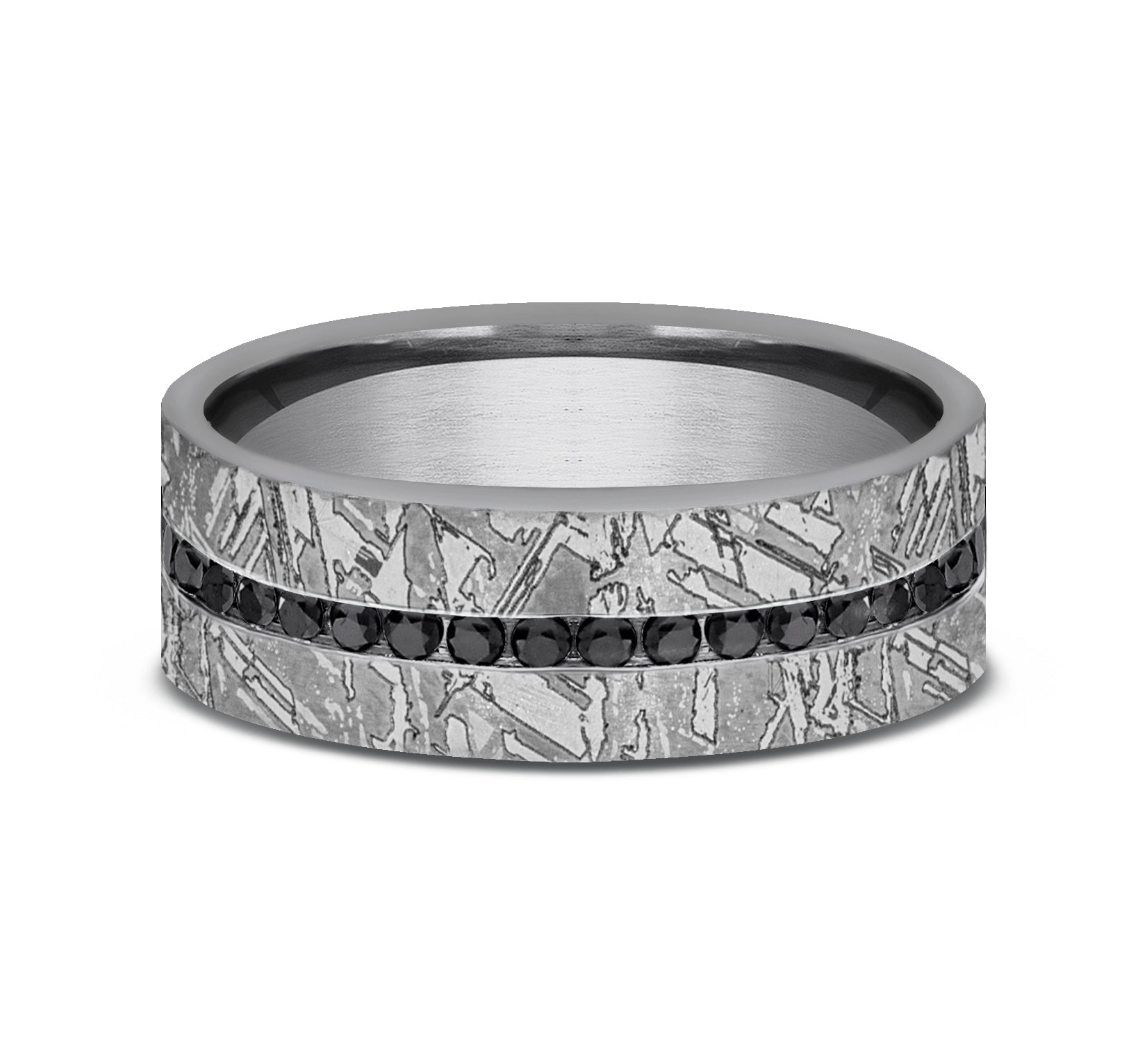 The Odessa 7mm, Comfort fit, Grey Tantalum, Meteorite pattern, 20 channel set black diamonds, Carat weight is .40ct