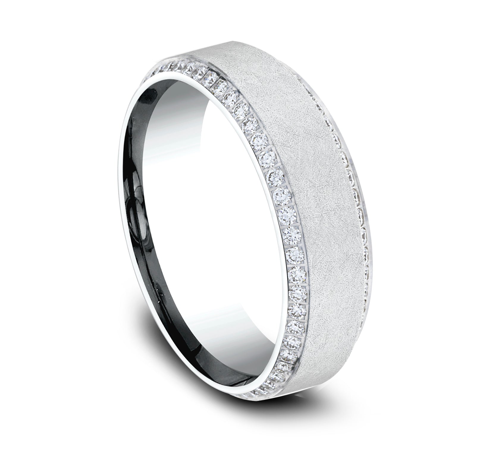 THE LANCELOT 7mm, Comfort fit, 14K White Gold, Swirl center with double eternity diamond edges, 100 pave set diamonds, Carat weight is 1.00ct, Clarity SI1-2, Color GH