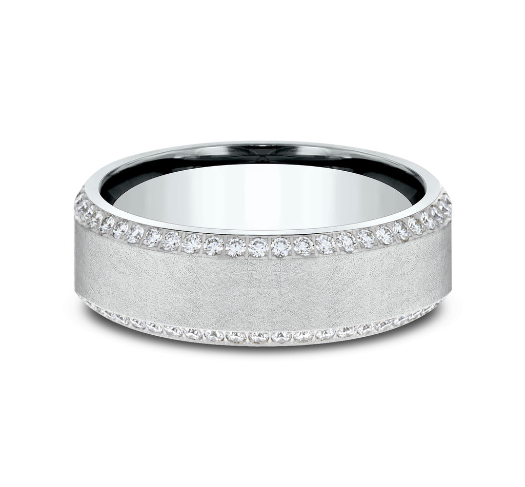 THE LANCELOT 7mm, Comfort fit, 14K White Gold, Swirl center with double eternity diamond edges, 100 pave set diamonds, Carat weight is 1.00ct, Clarity SI1-2, Color GH
