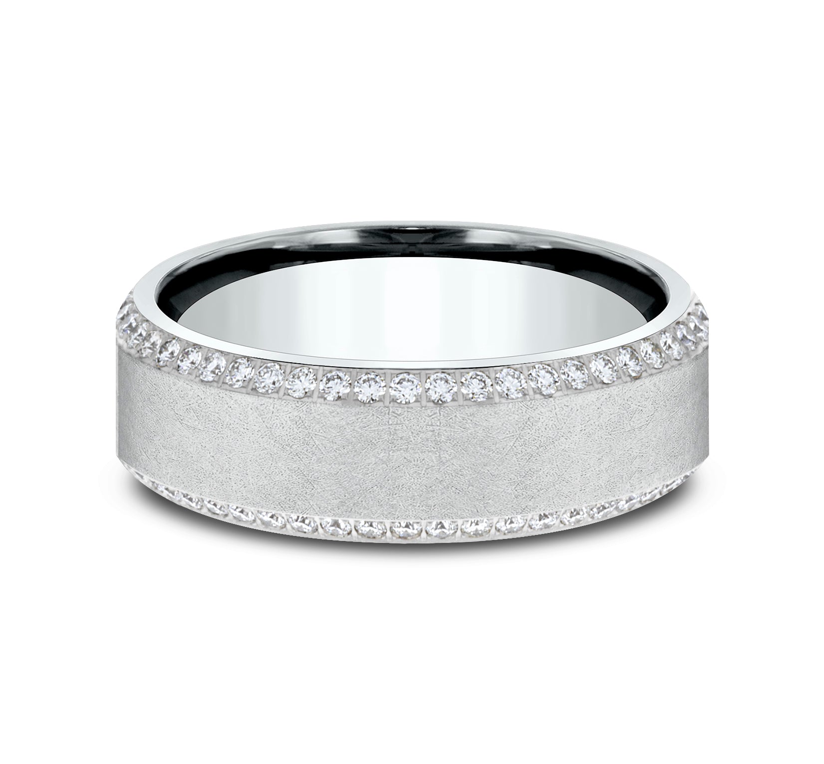 THE LANCELOT 7mm, Comfort fit, 14K White Gold, Swirl center with double eternity diamond edges, 100 pave set diamonds, Carat weight is 1.00ct, Clarity SI1-2, Color GH