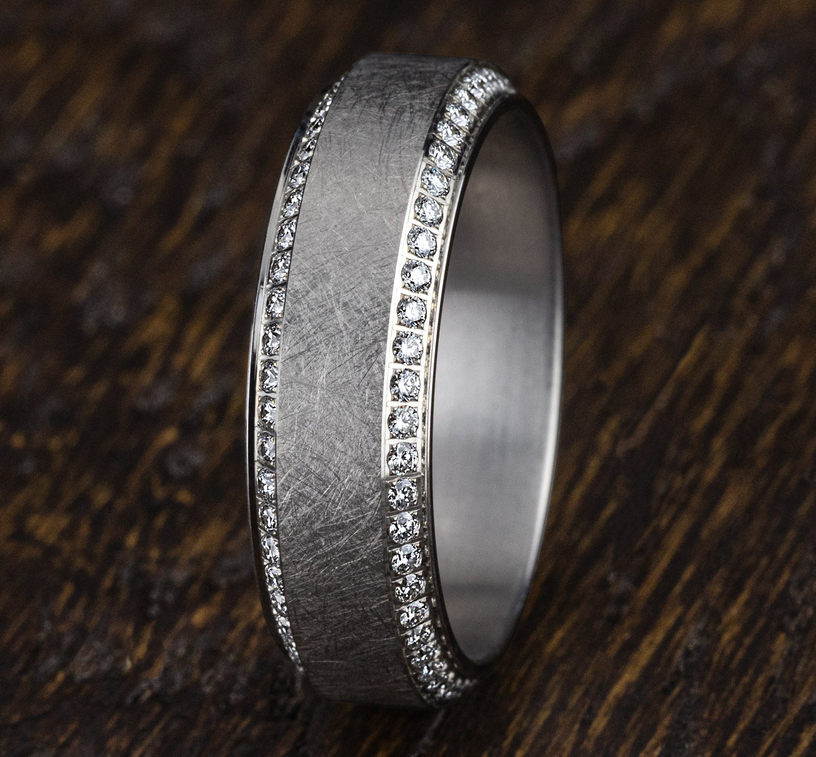 THE LANCELOT 7mm, Comfort fit, 14K White Gold, Swirl center with double eternity diamond edges, 100 pave set diamonds, Carat weight is 1.00ct, Clarity SI1-2, Color GH