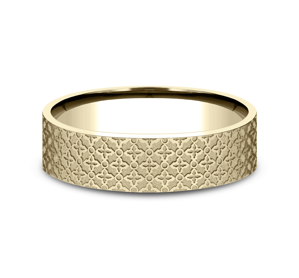 THE VULCAN 6mm, Comfort fit, 14K Yellow Gold, Ottoman floral pattern