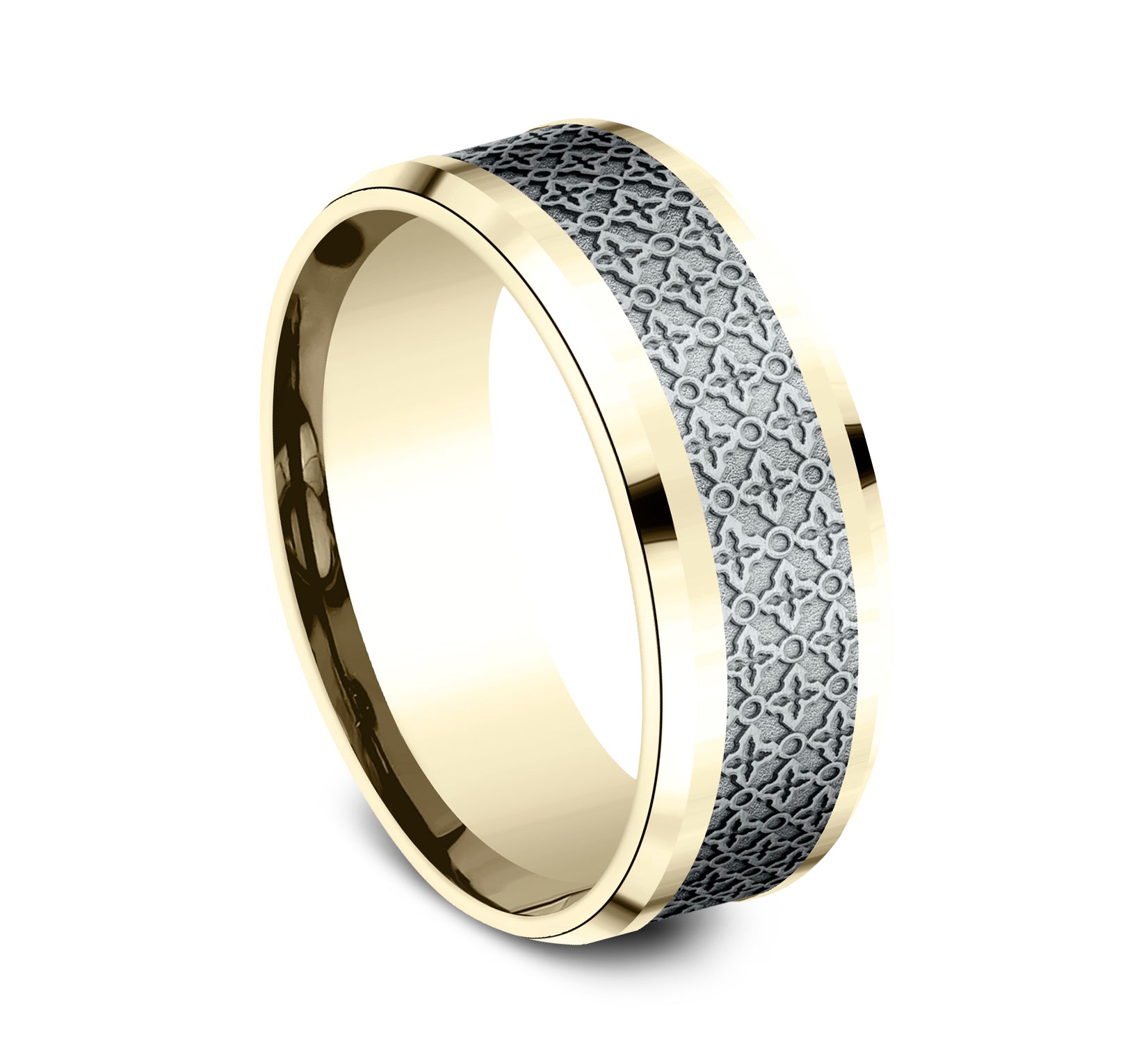 THE VIENNA 8mm, Comfort fit, 14K Yellow and White Gold, Ottoman floral pattern, polished bevel edges