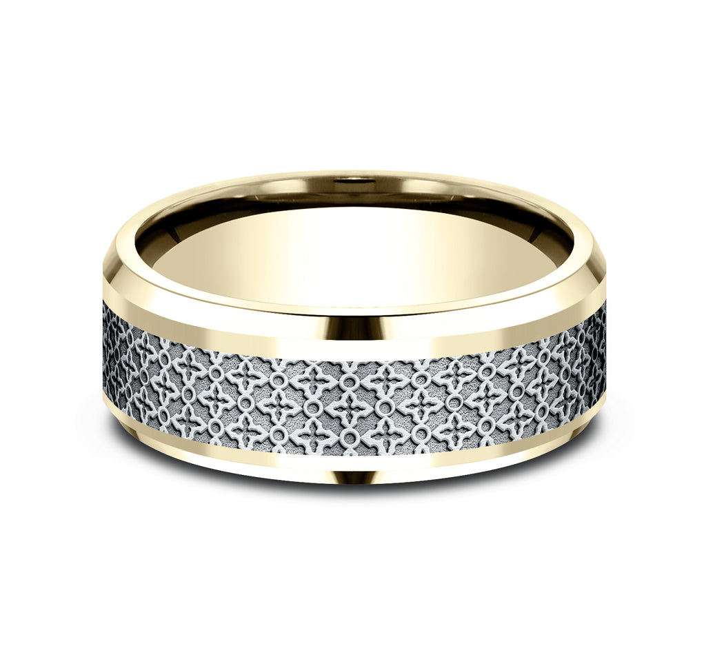 THE VIENNA 8mm, Comfort fit, 14K Yellow and White Gold, Ottoman floral pattern, polished bevel edges