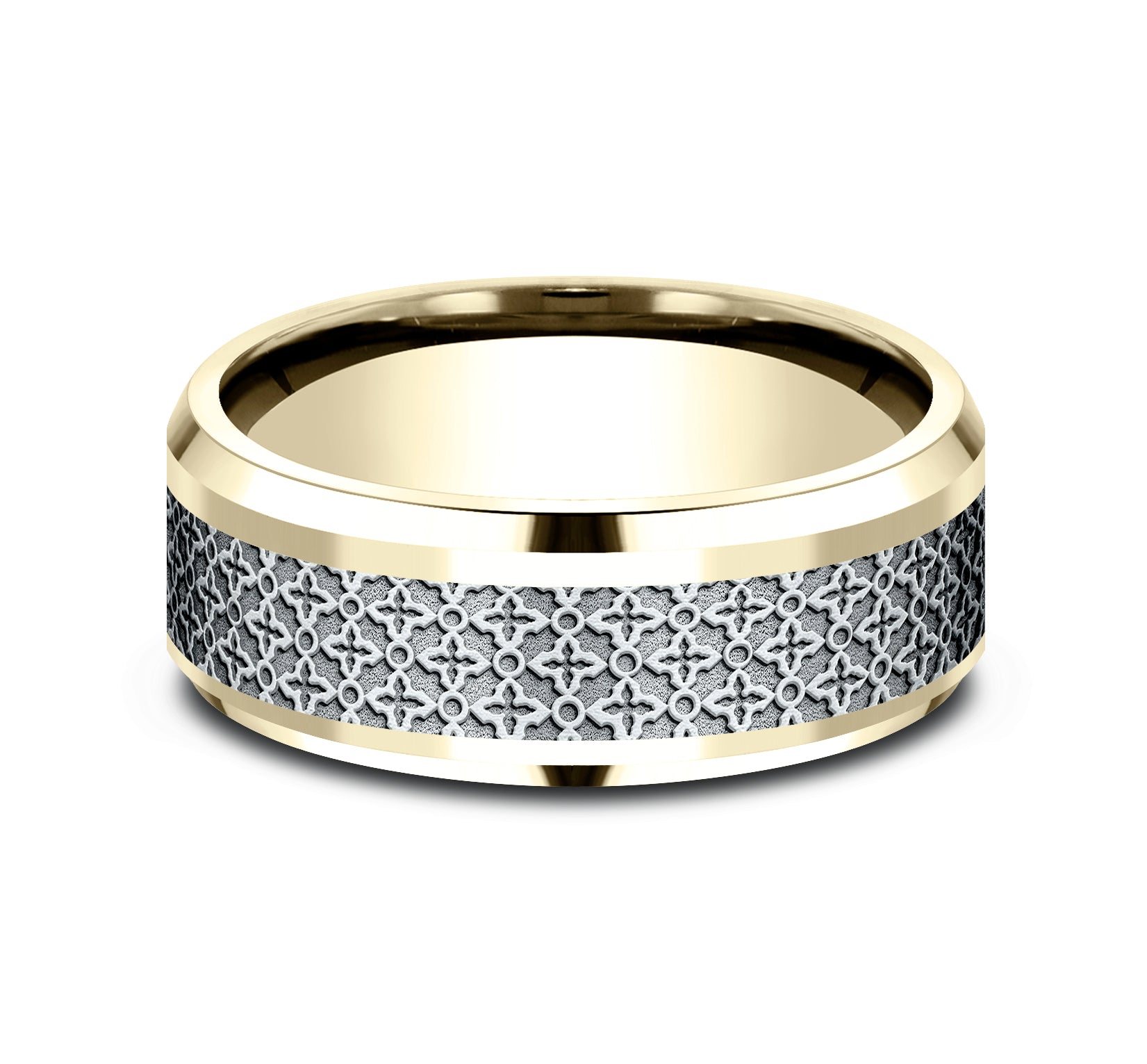 THE VIENNA 8mm, Comfort fit, 14K Yellow and White Gold, Ottoman floral pattern, polished bevel edges