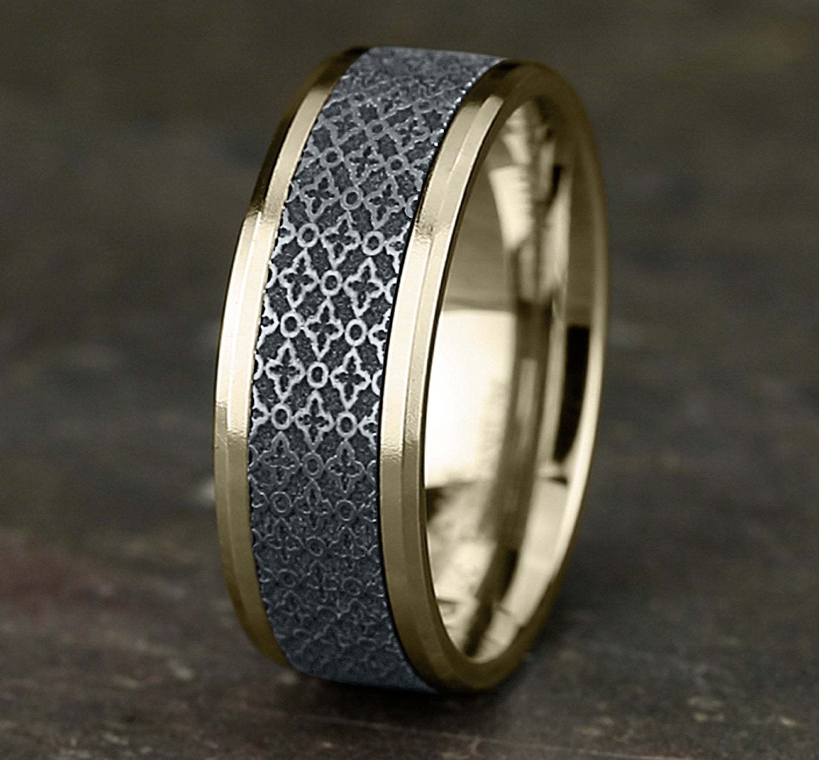 THE VIENNA 8mm, Comfort fit, 14K Yellow and White Gold, Ottoman floral pattern, polished bevel edges