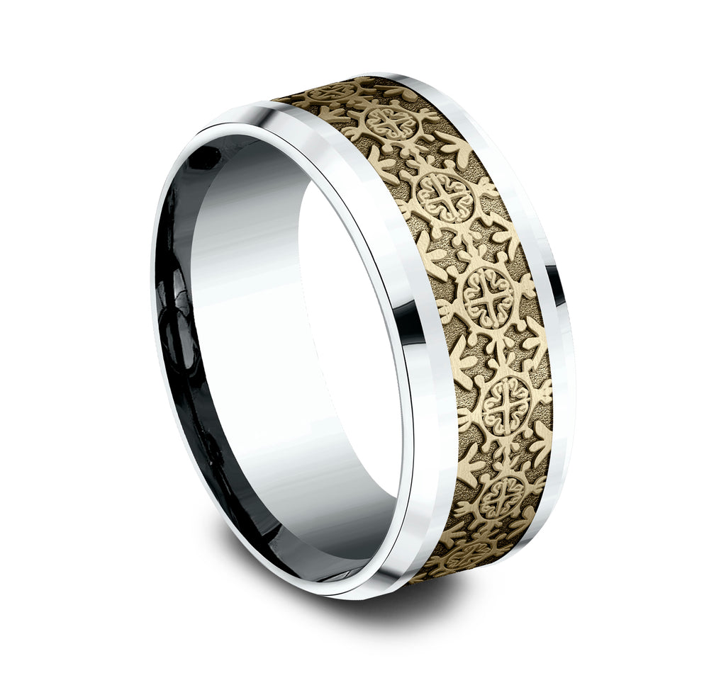 THE SAINT 9mm, Comfort fit, 14K White and Yellow Gold, Intricate patterned center, polished bevel edges