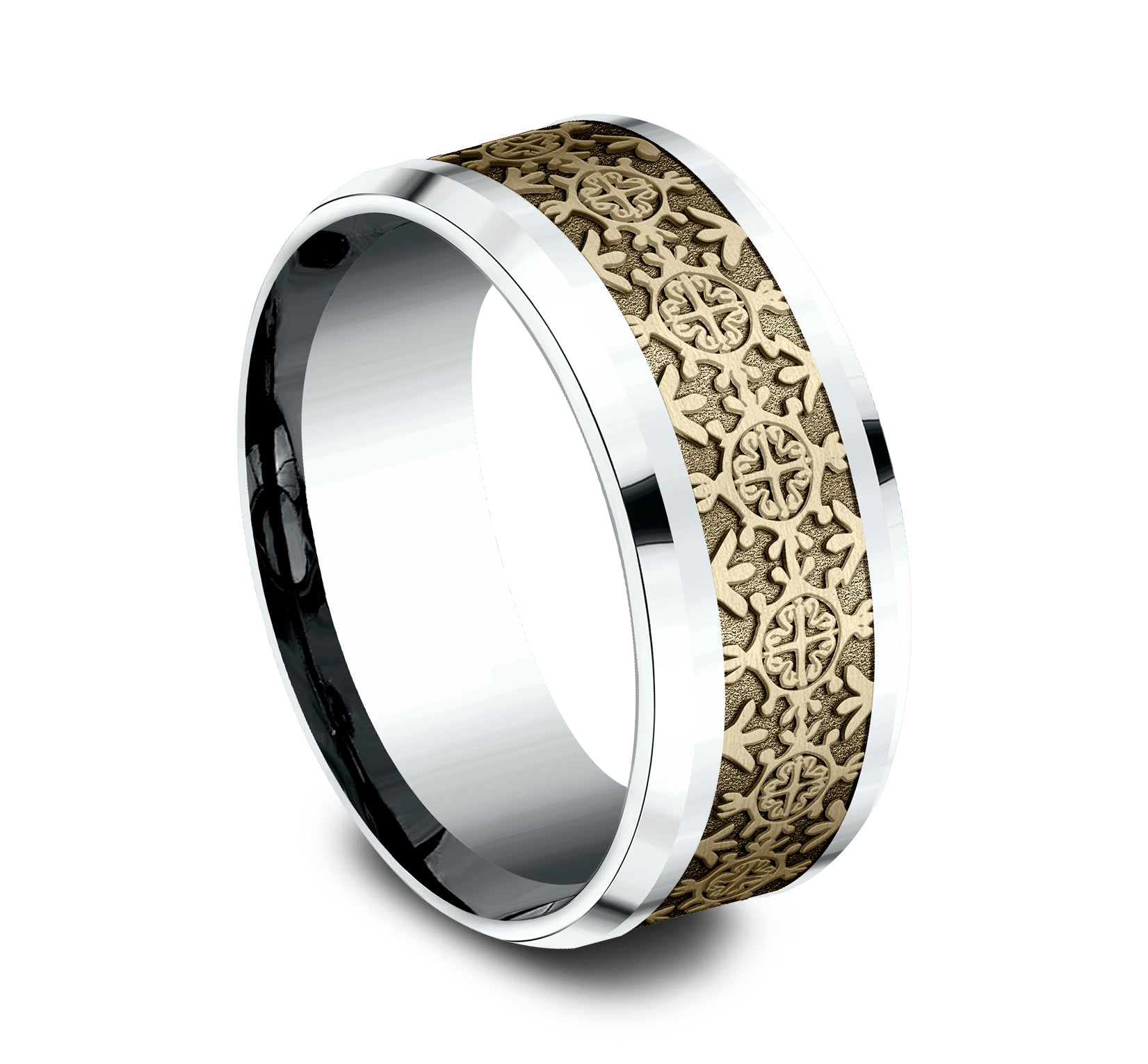 THE SAINT 9mm, Comfort fit, 14K White and Yellow Gold, Intricate patterned center, polished bevel edges
