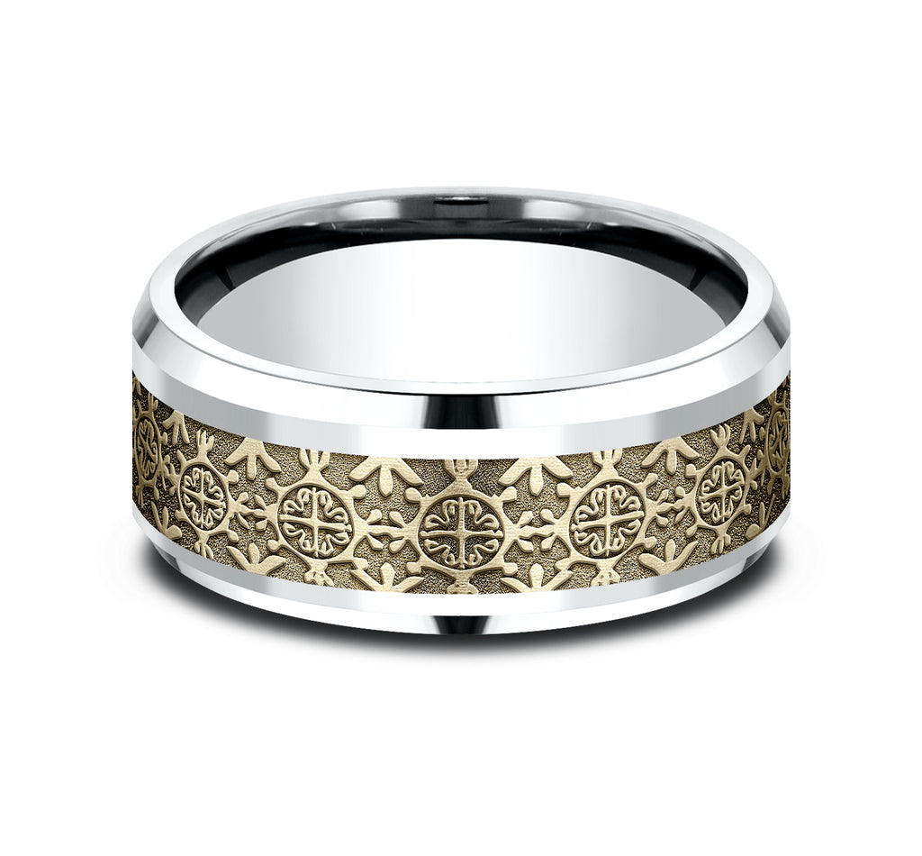 THE SAINT 9mm, Comfort fit, 14K White and Yellow Gold, Intricate patterned center, polished bevel edges