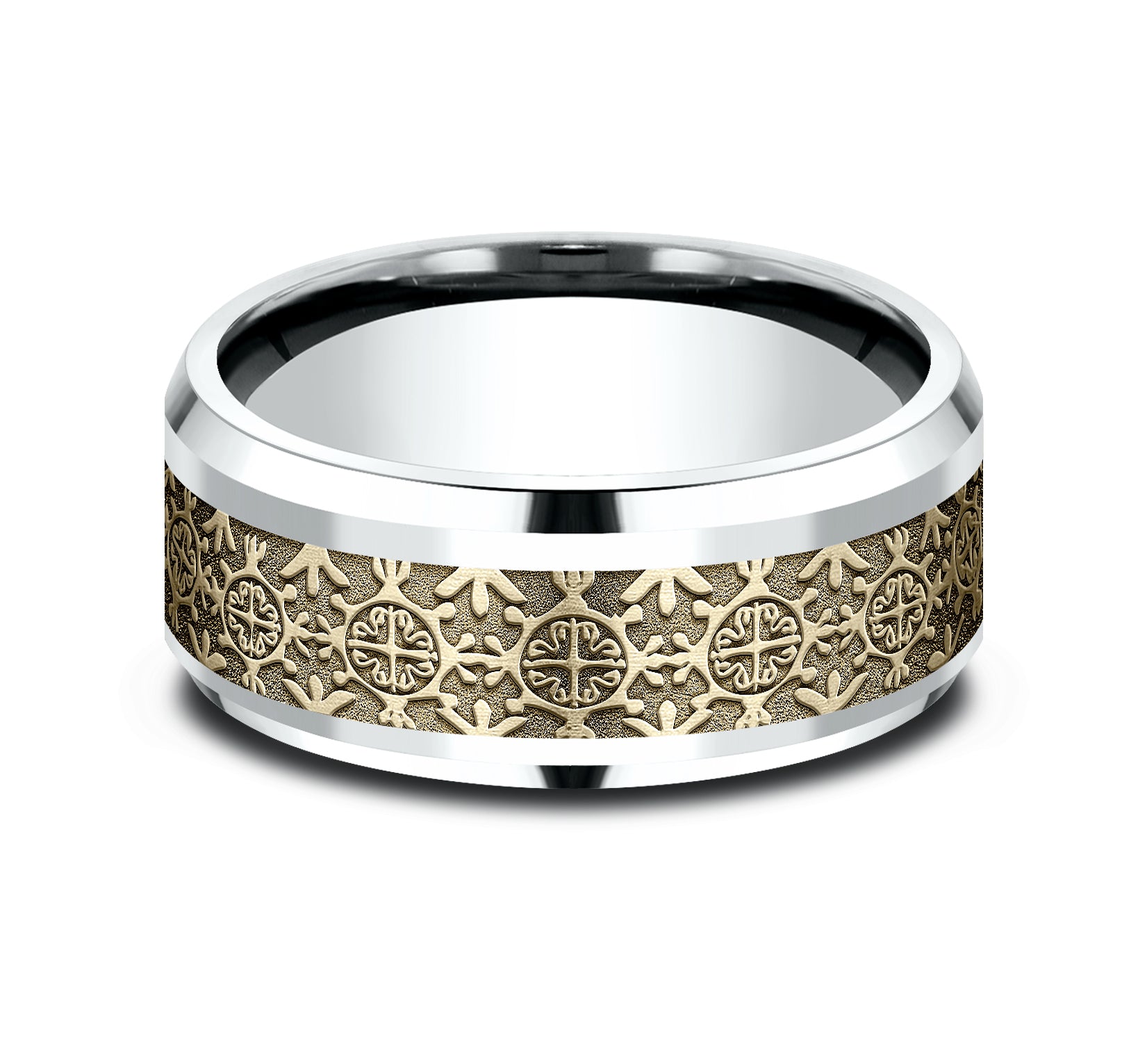 THE SAINT 9mm, Comfort fit, 14K White and Yellow Gold, Intricate patterned center, polished bevel edges