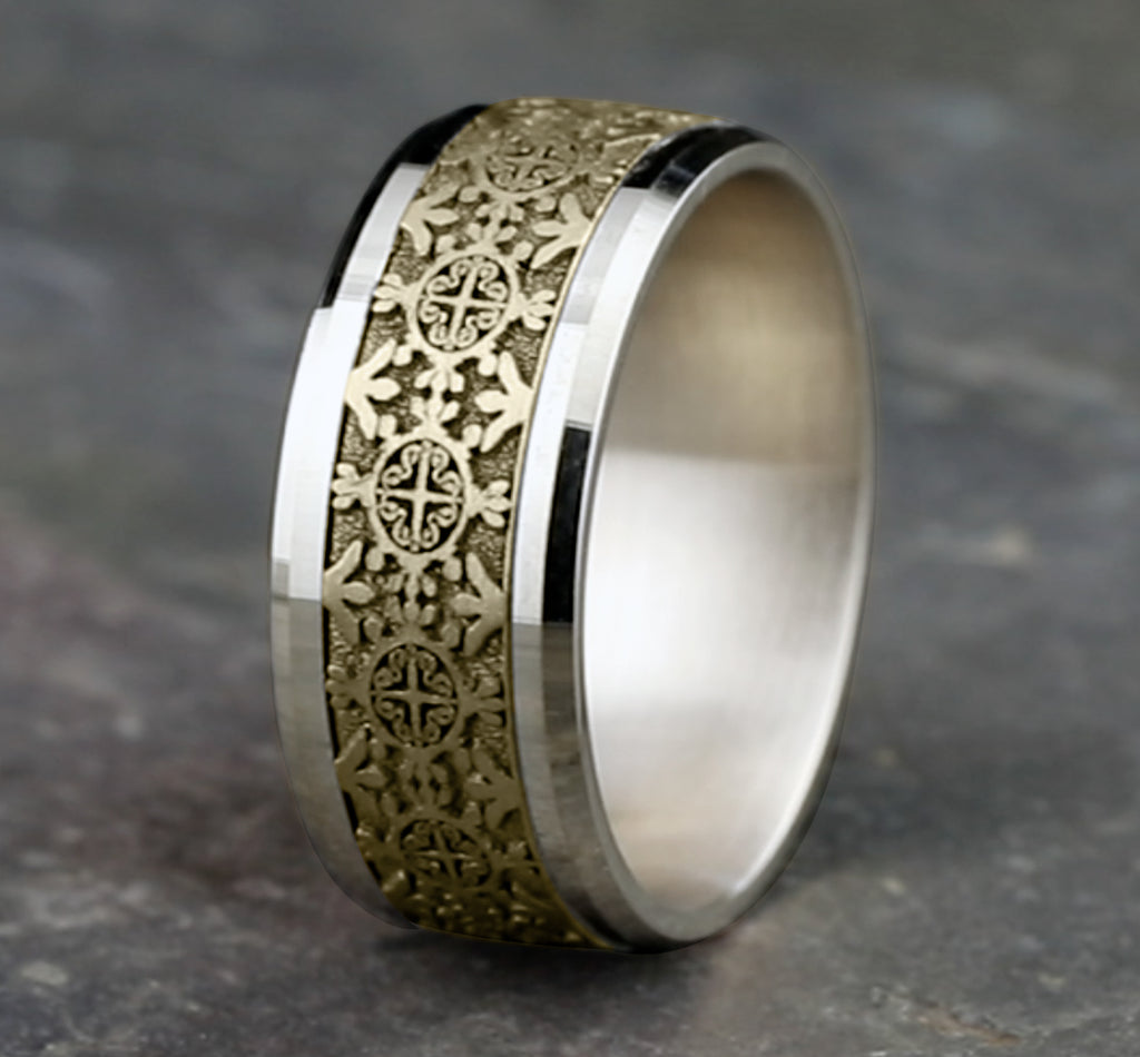 THE SAINT 9mm, Comfort fit, 14K White and Yellow Gold, Intricate patterned center, polished bevel edges