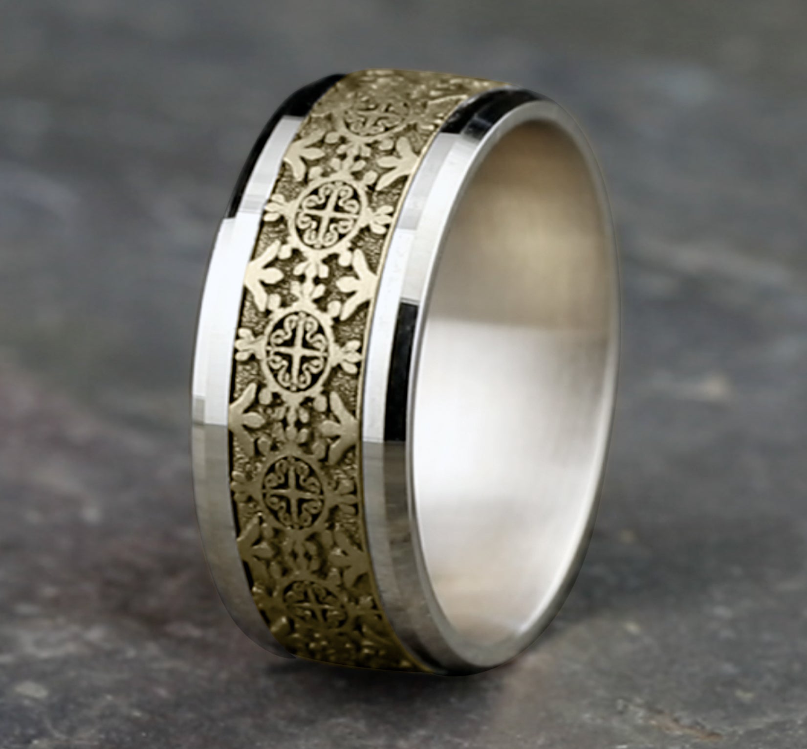 THE SAINT 9mm, Comfort fit, 14K White and Yellow Gold, Intricate patterned center, polished bevel edges