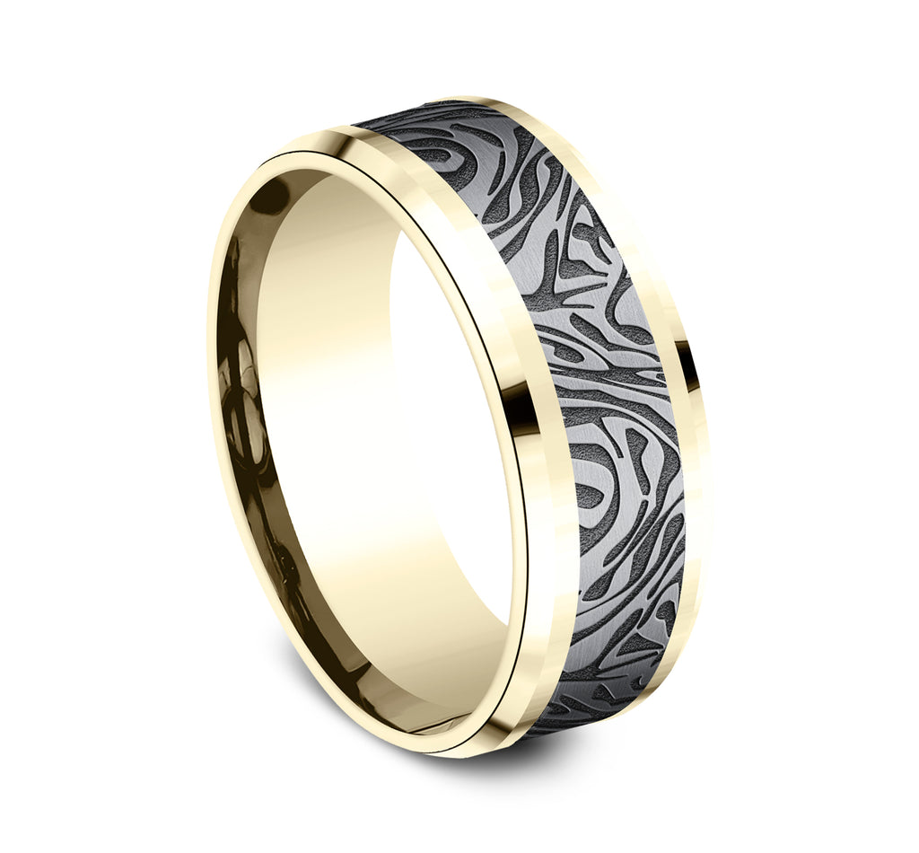 THE KATANA 8mm, Comfort fit, 14K Yellow Gold and Grey Tantalum, Faux mokume pattern,Â polished slightly beveled edges