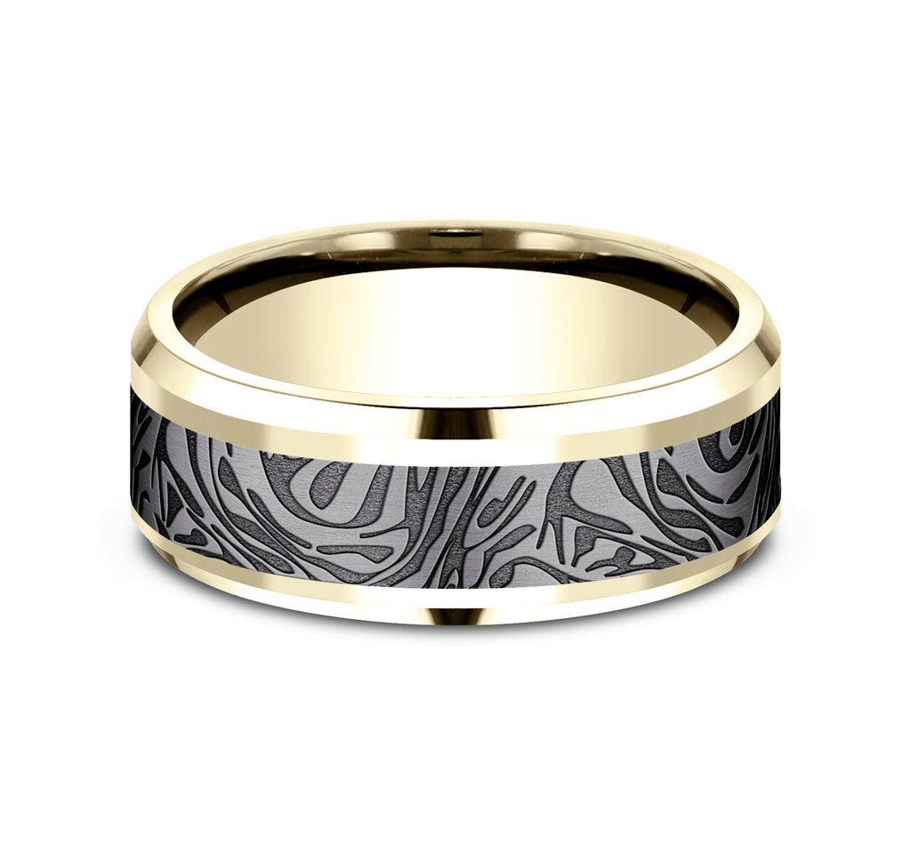 THE KATANA 8mm, Comfort fit, 14K Yellow Gold and Grey Tantalum, Faux mokume pattern,Â polished slightly beveled edges