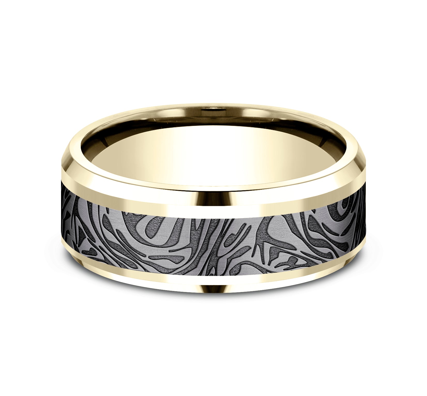 THE KATANA 8mm, Comfort fit, 14K Yellow Gold and Grey Tantalum, Faux mokume pattern,Â polished slightly beveled edges