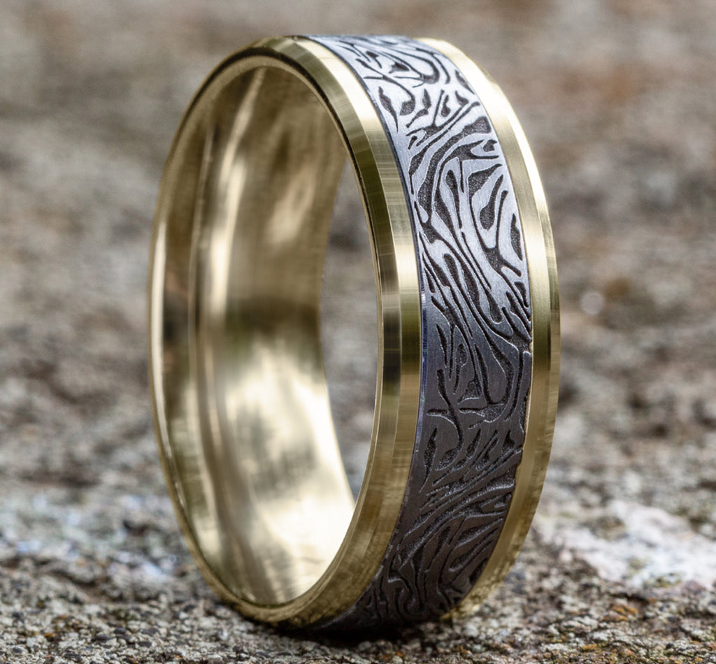 THE KATANA 8mm, Comfort fit, 14K Yellow Gold and Grey Tantalum, Faux mokume pattern,Â polished slightly beveled edges