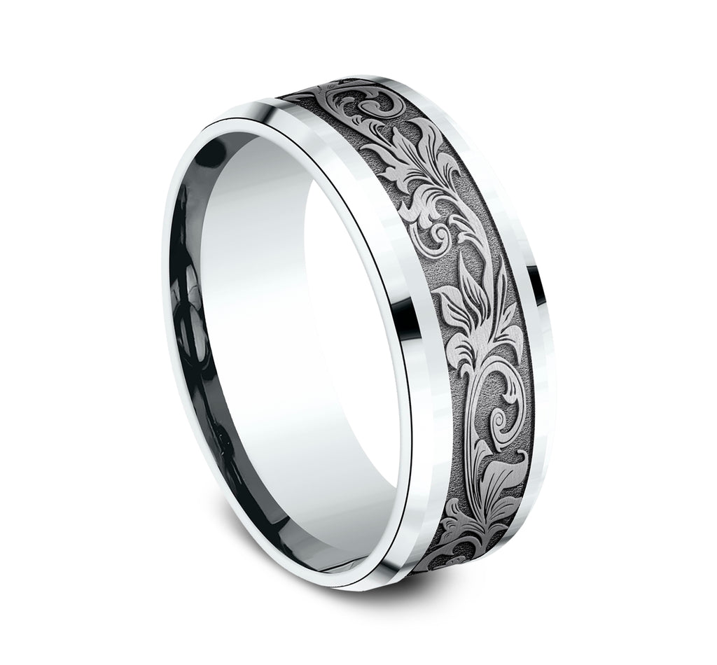 THE ROYAL 8mm, Comfort fit, 14K White Gold and Grey Tantalum, Vintage script pattern, polished drop bevel edges