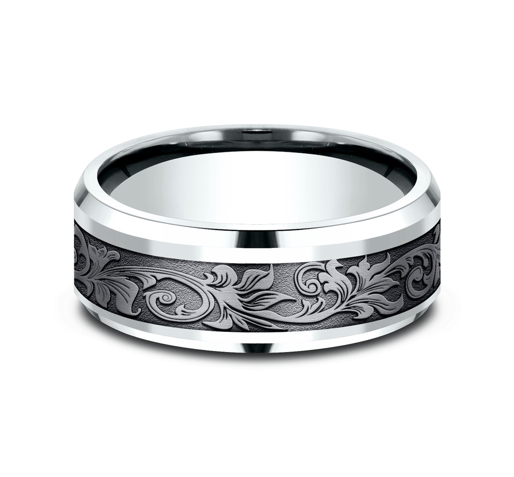 THE ROYAL 8mm, Comfort fit, 14K White Gold and Grey Tantalum, Vintage script pattern, polished drop bevel edges
