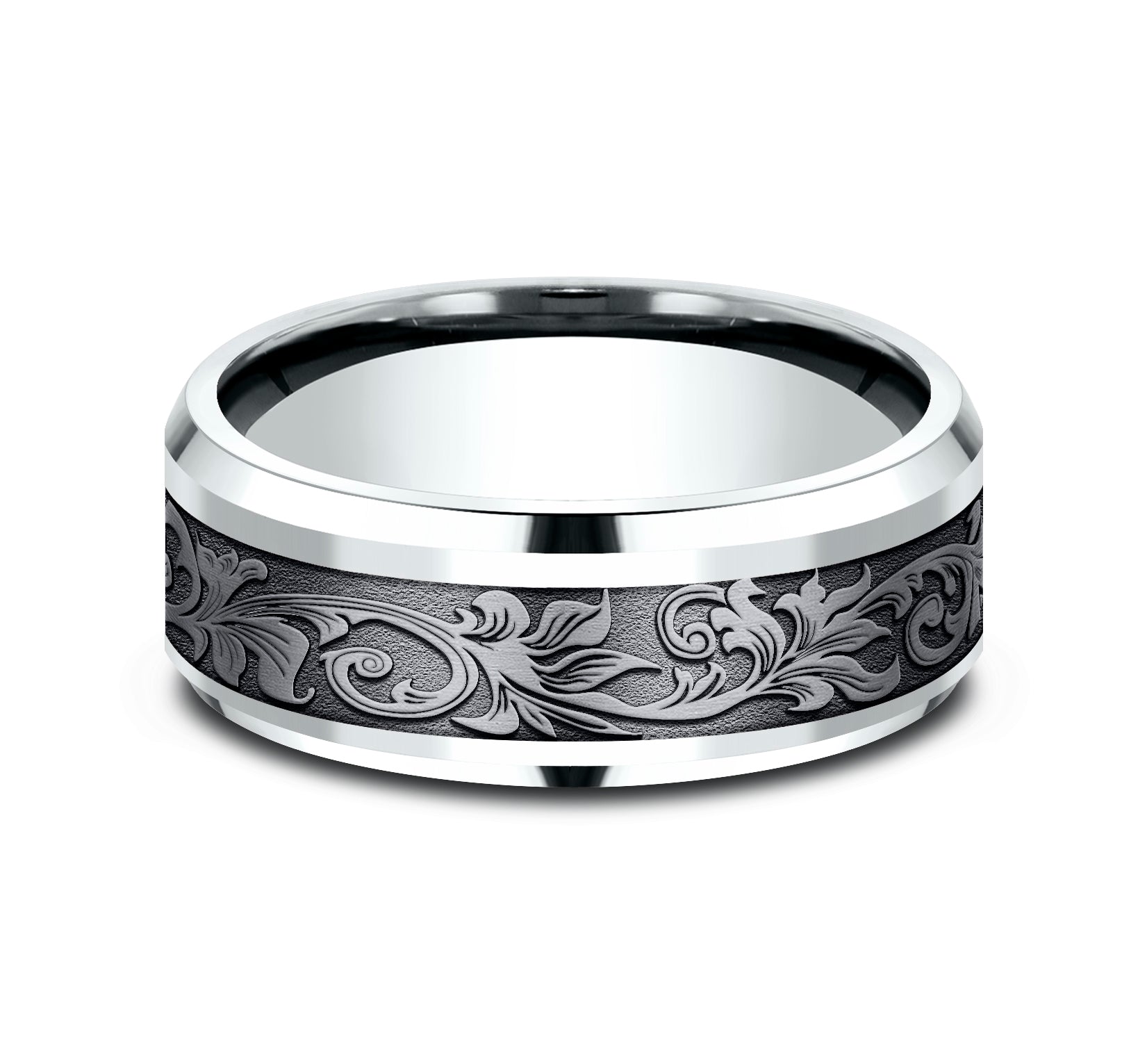 THE ROYAL 8mm, Comfort fit, 14K White Gold and Grey Tantalum, Vintage script pattern, polished drop bevel edges