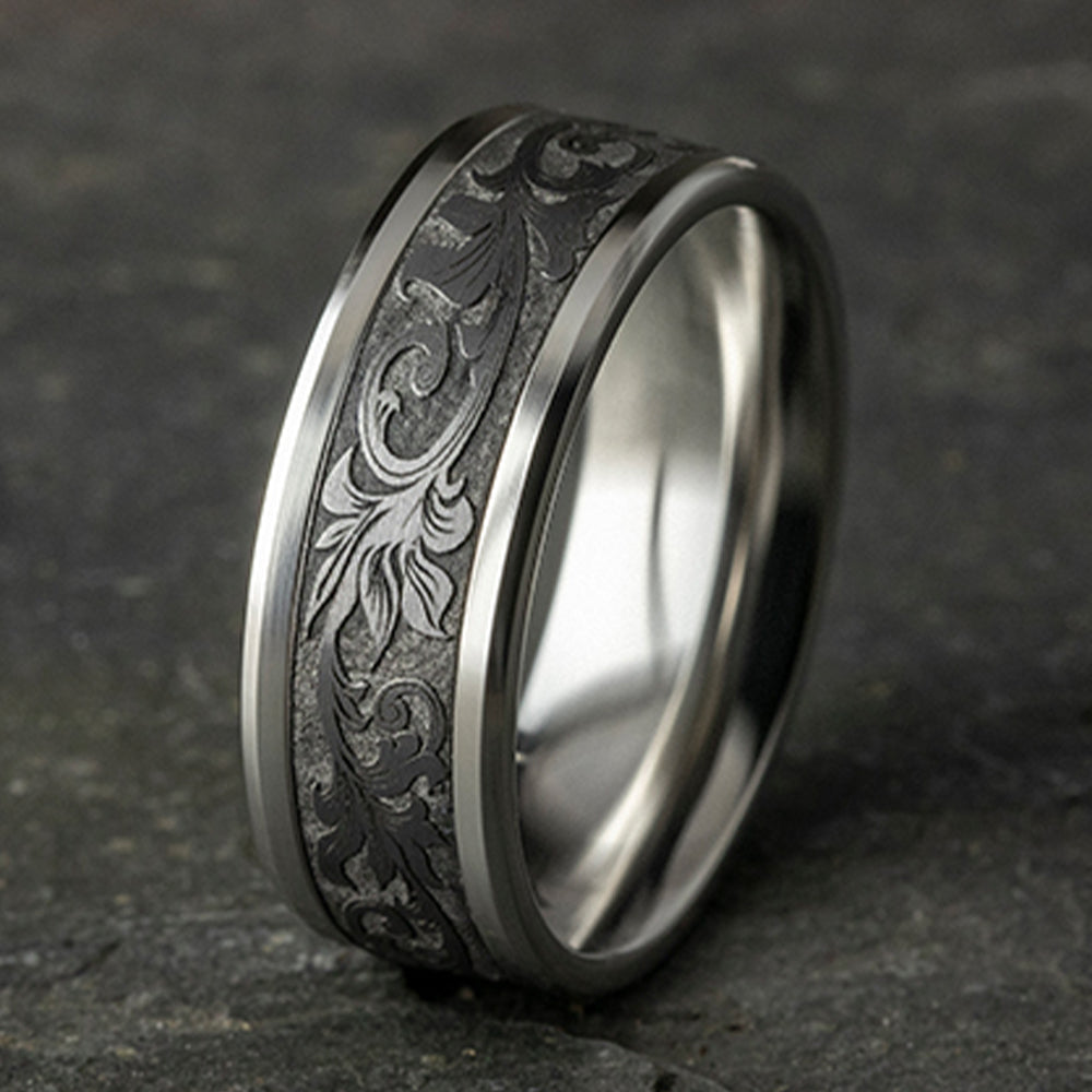 THE ROYAL 8mm, Comfort fit, 14K White Gold and Grey Tantalum, Vintage script pattern, polished drop bevel edges
