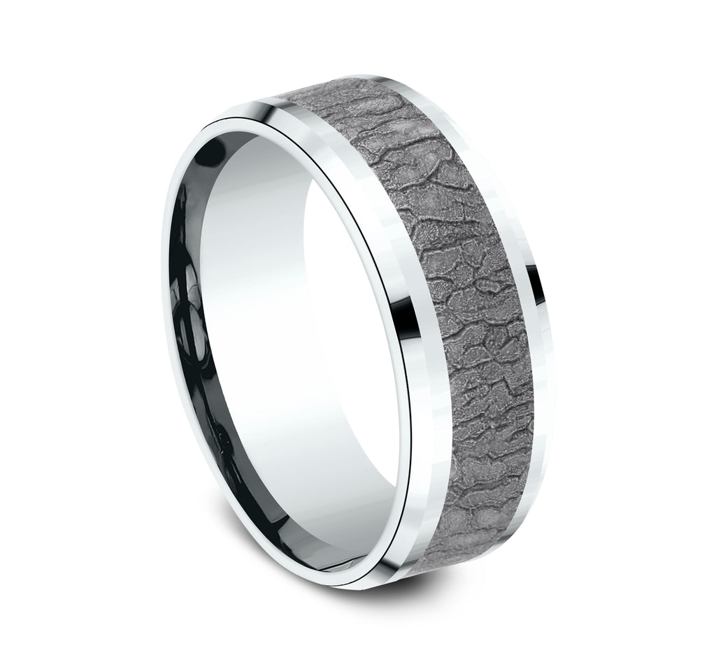 THE LINDEN 8mm, Comfort fit, 14K White Gold and Grey Tantalum, Tree bark patterned center, polished drop bevel edges