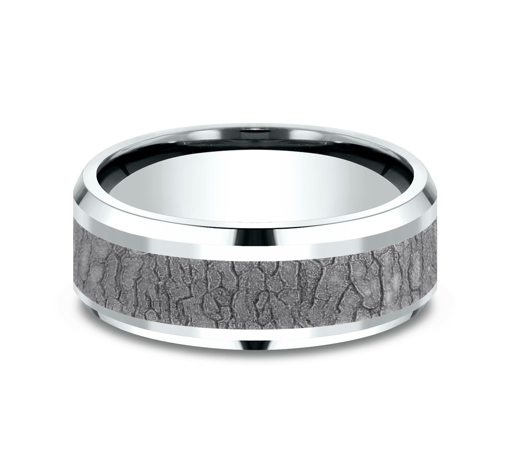 THE LINDEN 8mm, Comfort fit, 14K White Gold and Grey Tantalum, Tree bark patterned center, polished drop bevel edges