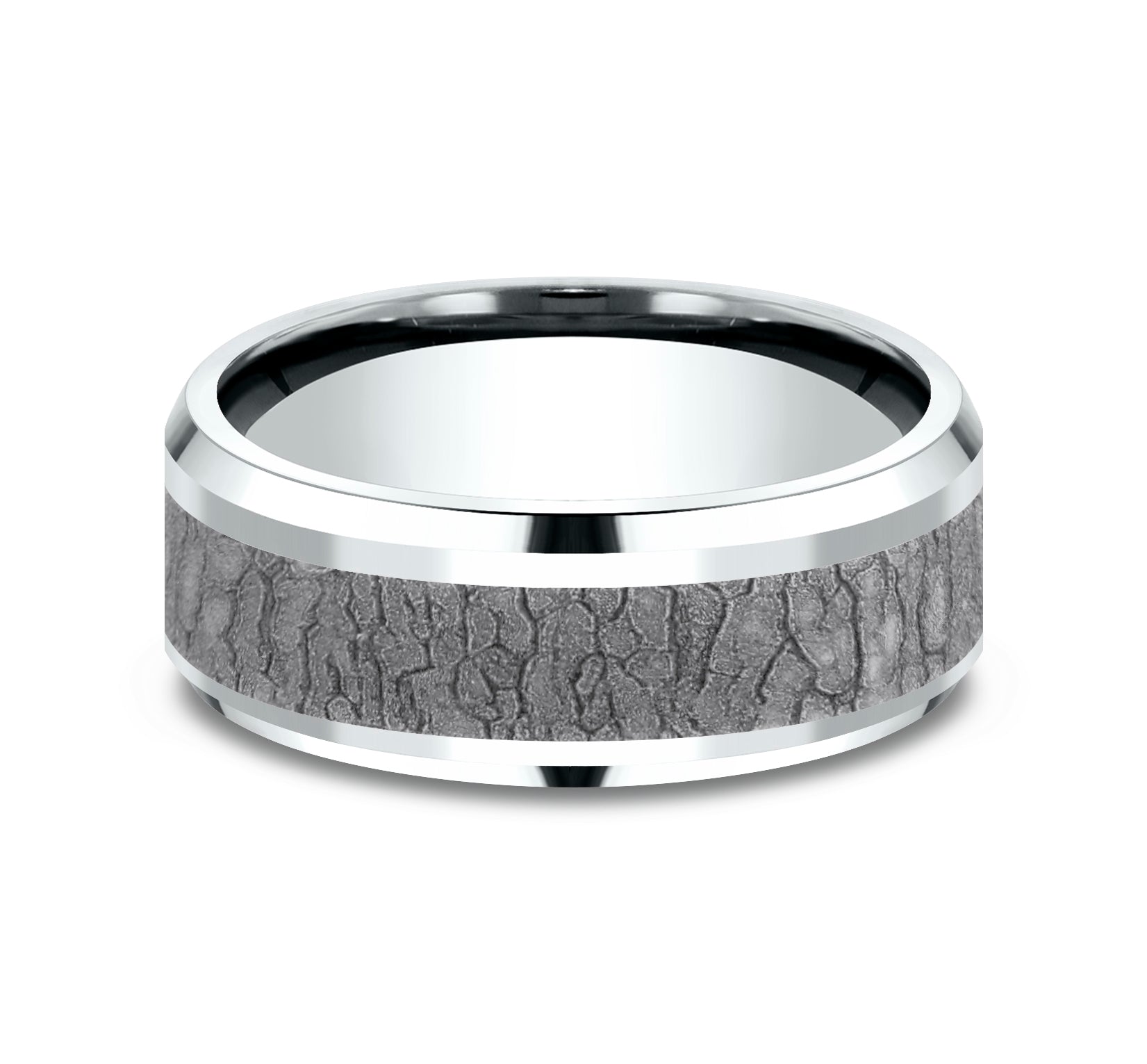 THE LINDEN 8mm, Comfort fit, 14K White Gold and Grey Tantalum, Tree bark patterned center, polished drop bevel edges