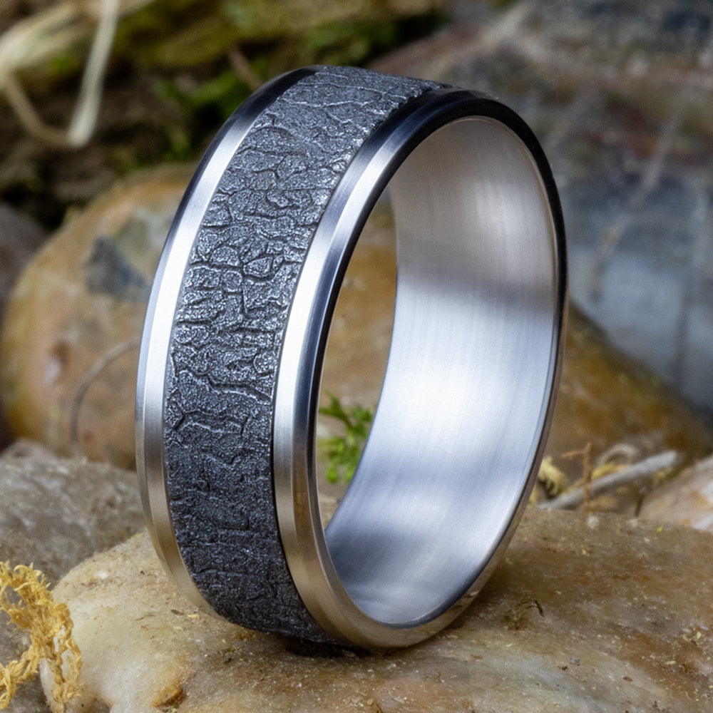 THE LINDEN 8mm, Comfort fit, 14K White Gold and Grey Tantalum, Tree bark patterned center, polished drop bevel edges