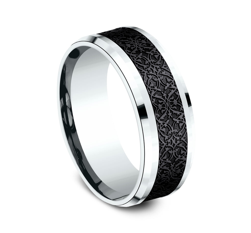 THE CONQUERER 8mm, Comfort fit, 14K White Gold and Black Titanium, Ottoman pattern, polished drop bevel edges