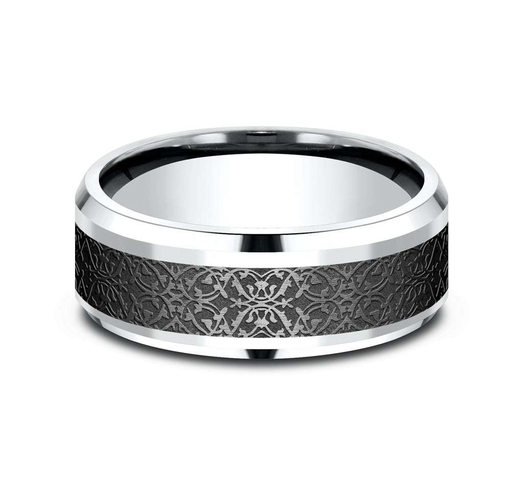 THE CONQUERER 8mm, Comfort fit, 14K White Gold and Black Titanium, Ottoman pattern, polished drop bevel edges
